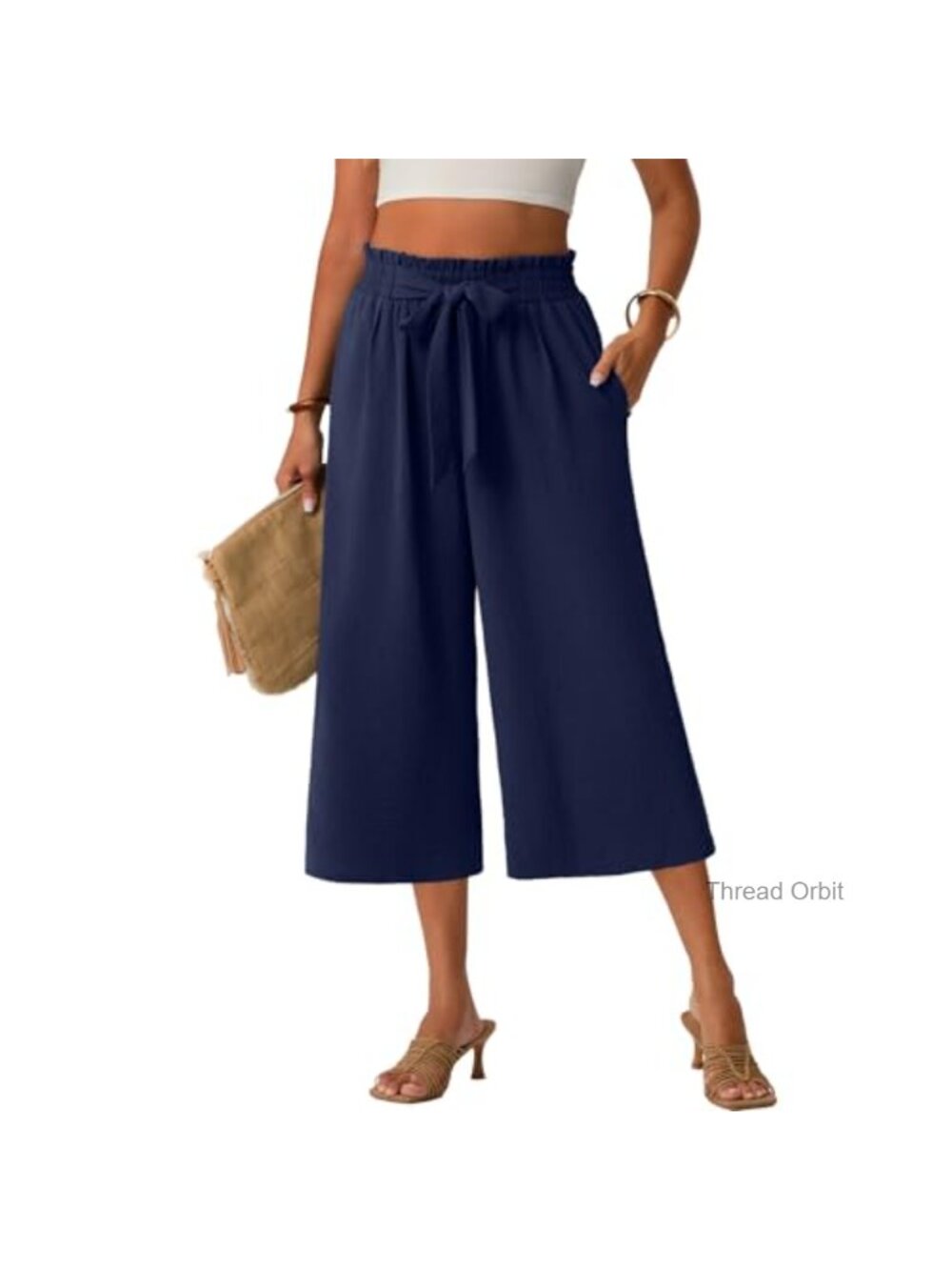 Wide Leg Capri Pants High Waisted Pull On with Pockets Lightweight Flowy Summer
